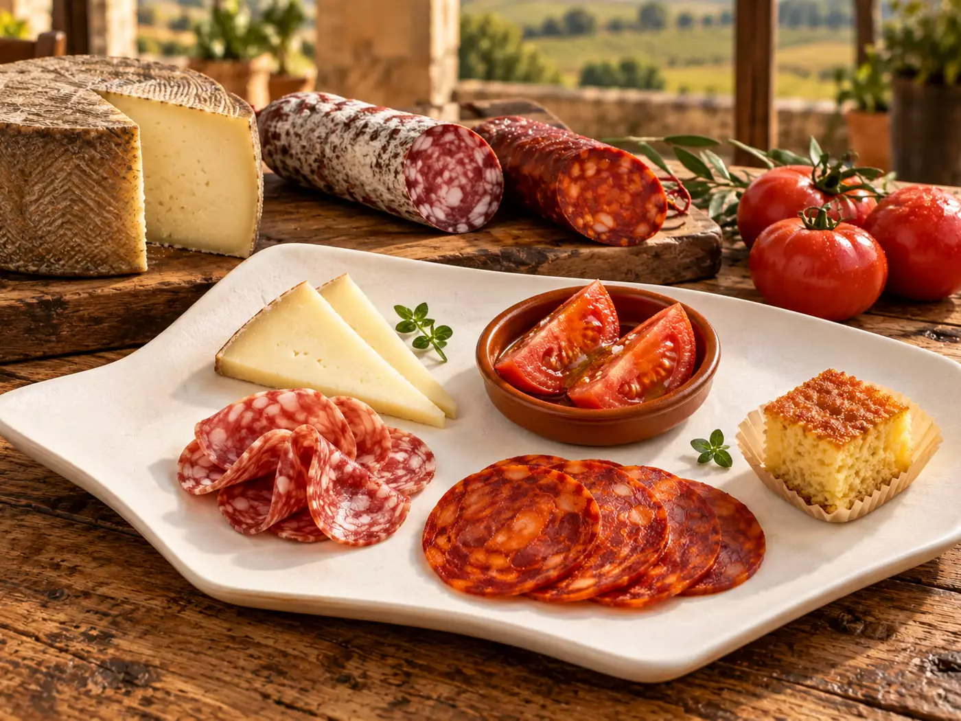 Plato de maridaje con queso semicurado, salchichón, chorizo, tomate de la huerta y bizcocho