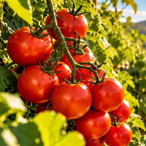 Tomates maduros en la planta, en la huerta del restaurante