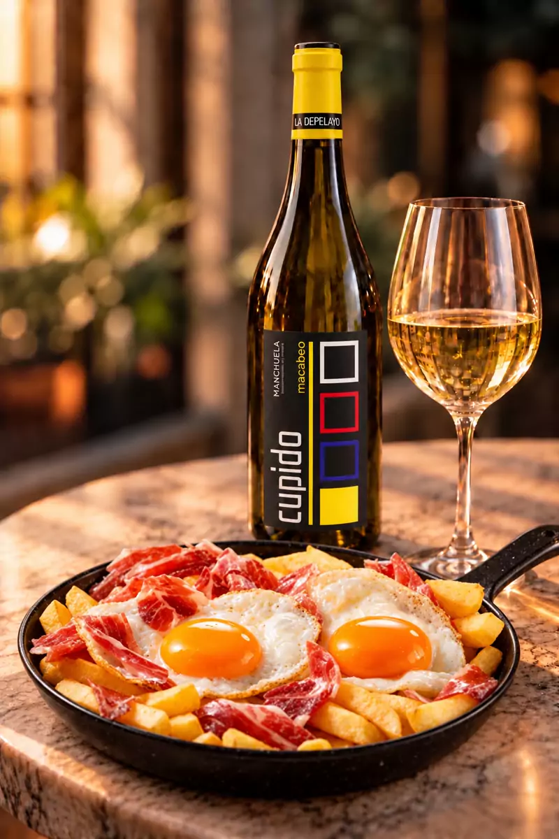 Botella de Cupido Macabeo con huevos rotos con jamón