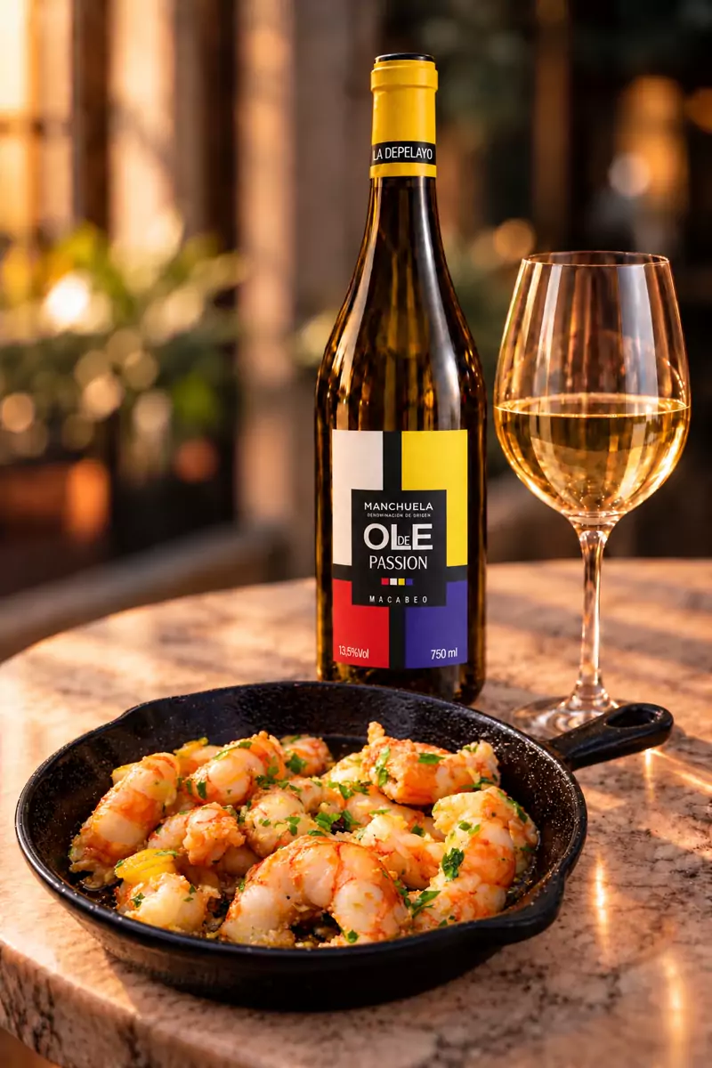 Botella de Olé de Passion con cazuela de gambón